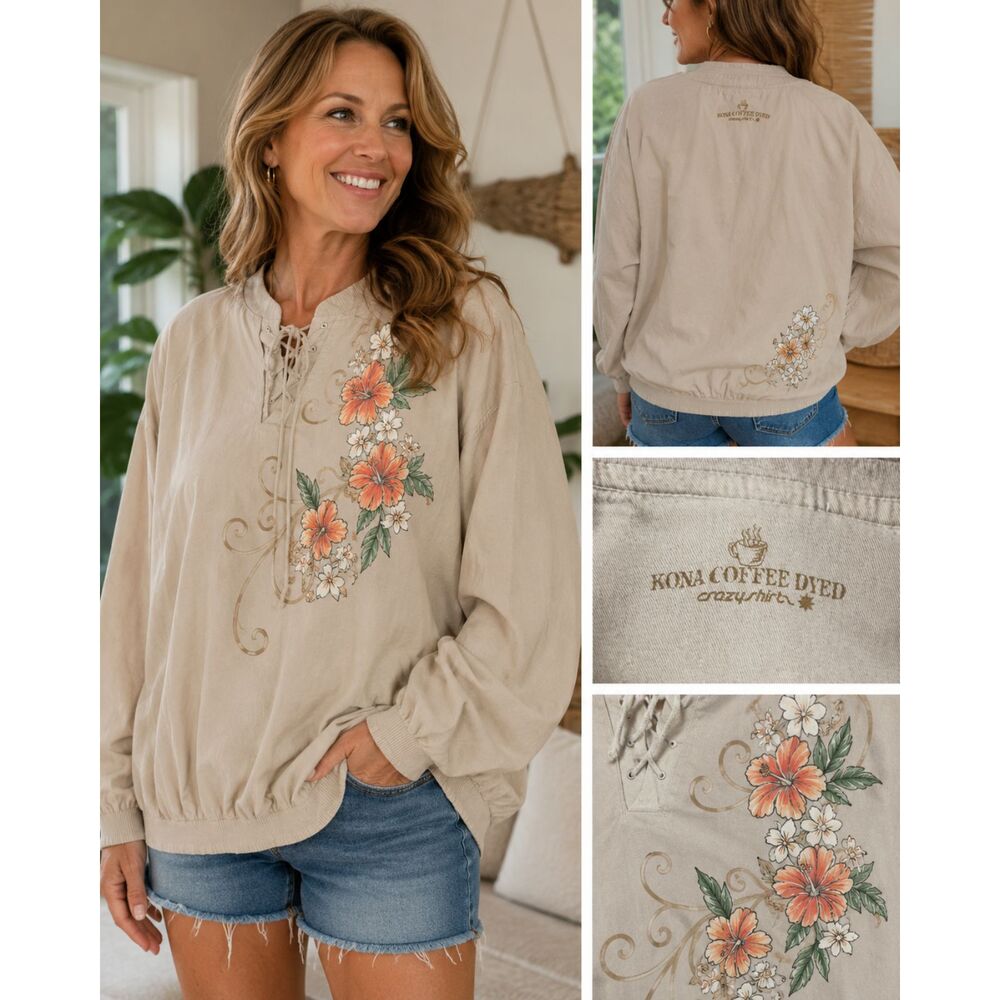 Womens Crazy Shirts Kona Coffee Dyed Floral Pullover Top Large Made USA